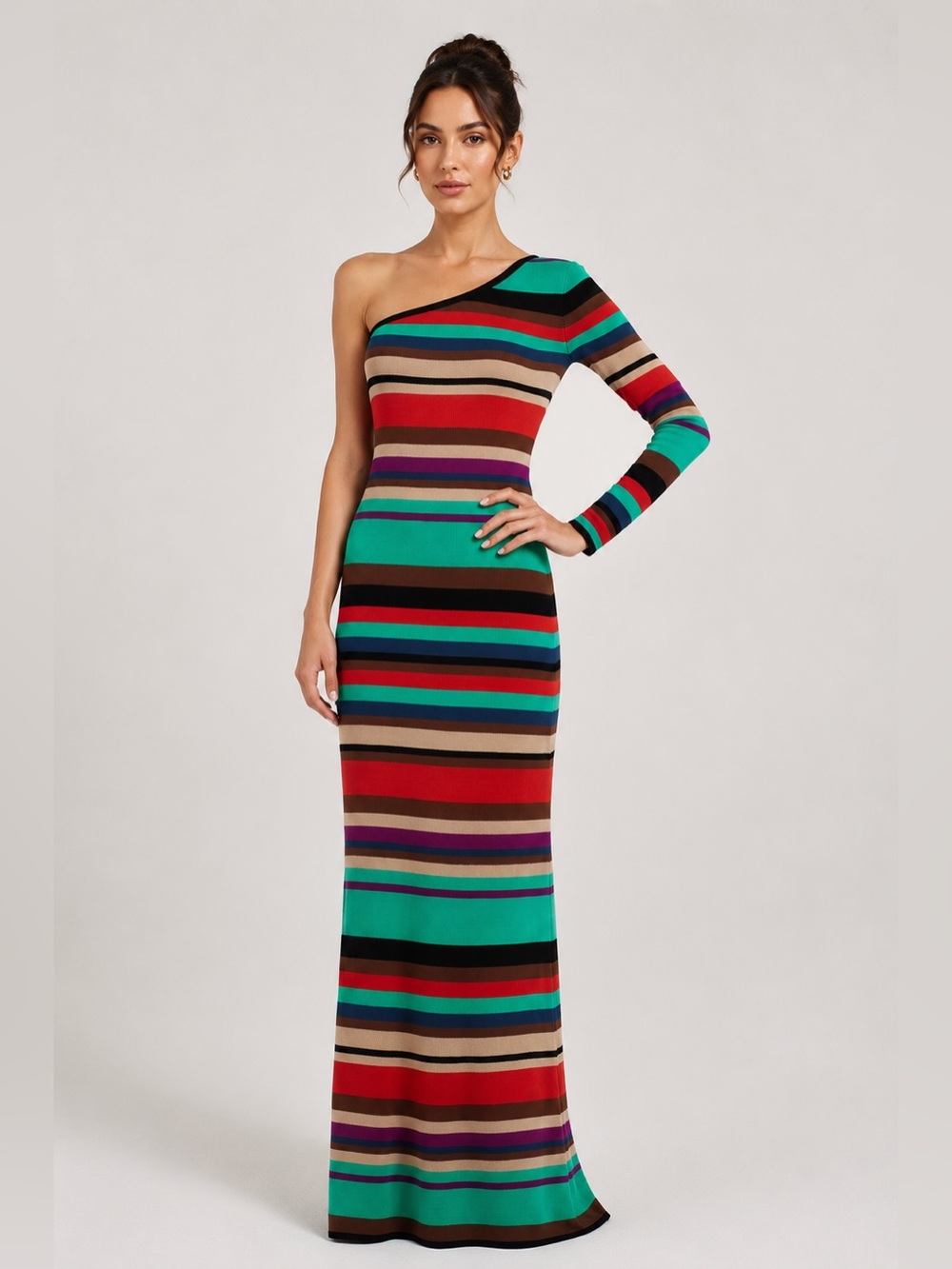 BCBG MAXAZRIA Fashion Statement Anadia Stripe Maxi One shoulder long Dress
